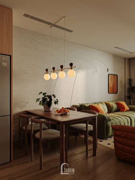 Thiết kế không gian phòng bếp phong cách Mid-Century Modern tại chung cư 2 ngủ The Charm
